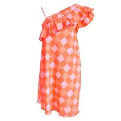 Little Marc Jacobs Neon Orange Checkered One Shoulder Dress 10 Yrs For Kids