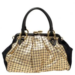 Marc Jacobs Black/Gold Houndstooth Print Leather And Calfhair Stam Embellished Shoulder Bag For Women