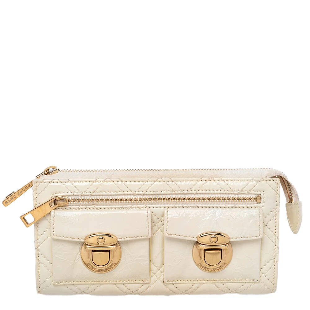 Marc Jacobs Cream Patent Leather Double Pocket Wallet For Women 1 Marc Jacobs Cream Patent Leather Double Pocket Wallet For Women