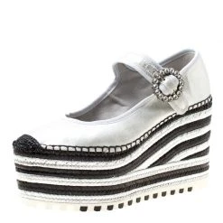 Marc Jacobs Metallic Silver Leather Suzi Crystal Embellished Brooch Mary Jane Espadrille Platforms Size 39 For Women
