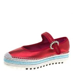 Marc Jacobs Metallic Red Leather Suzi Crystal Embellished Brooch Mary Jane Espadrille Platforms Size 38 For Women