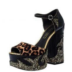 Marc Jacobs Multicolor Embossed Leather And Leopard Print Pony Hair Glitter Platform Ankle Strap Sandals Size 40.5 For Women