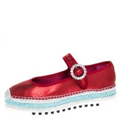 Marc Jacobs Metallic Red Nubuck Suzi Crystal Embellished Brooch Mary Jane Espadrille Platforms Size 39 For Women