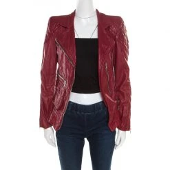 Marc Jacobs Brick Red Leather Quilted Shoulder Biker Jacket S For Women
