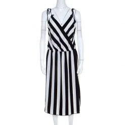 Marc Jacobs Monochrome Striped Crepe Faux Wrap Midi Dress M For Women