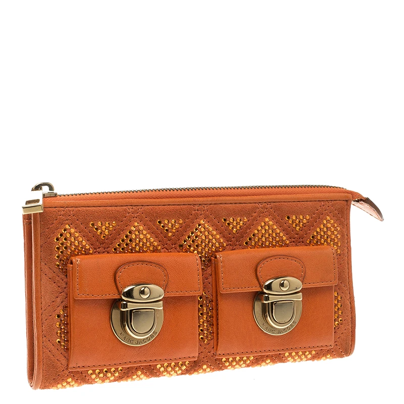 Marc Jacobs Orange Quilted Leather Crystal Embellished Double Pocket Zip Wallet For Women 3 Marc Jacobs Orange Quilted Leather Crystal Embellished Double Pocket Zip Wallet For Women - Image 3