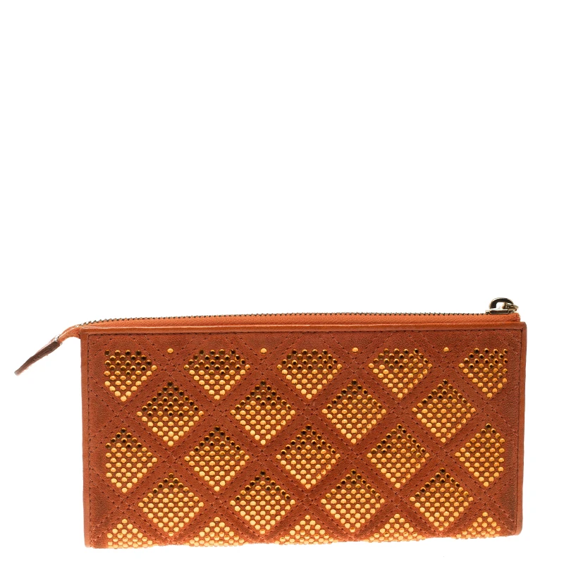 Marc Jacobs Orange Quilted Leather Crystal Embellished Double Pocket Zip Wallet For Women 4 Marc Jacobs Orange Quilted Leather Crystal Embellished Double Pocket Zip Wallet For Women - Image 4