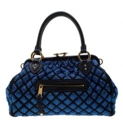 Marc Jacobs Blue Crystal Embellished Quilted Suede And Leather Stam Shoulder Bag For Women