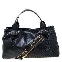 Marc Jacobs Black Leather Studded Logo Tote For Women