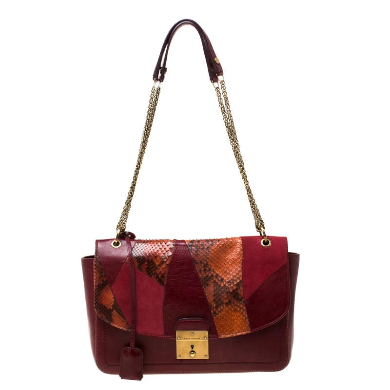 Marc Jacobs Burgundy Leather, Suede And Python Trim Polly Shoulder Bag For Women 1 Marc Jacobs Burgundy Leather, Suede And Python Trim Polly Shoulder Bag For Women