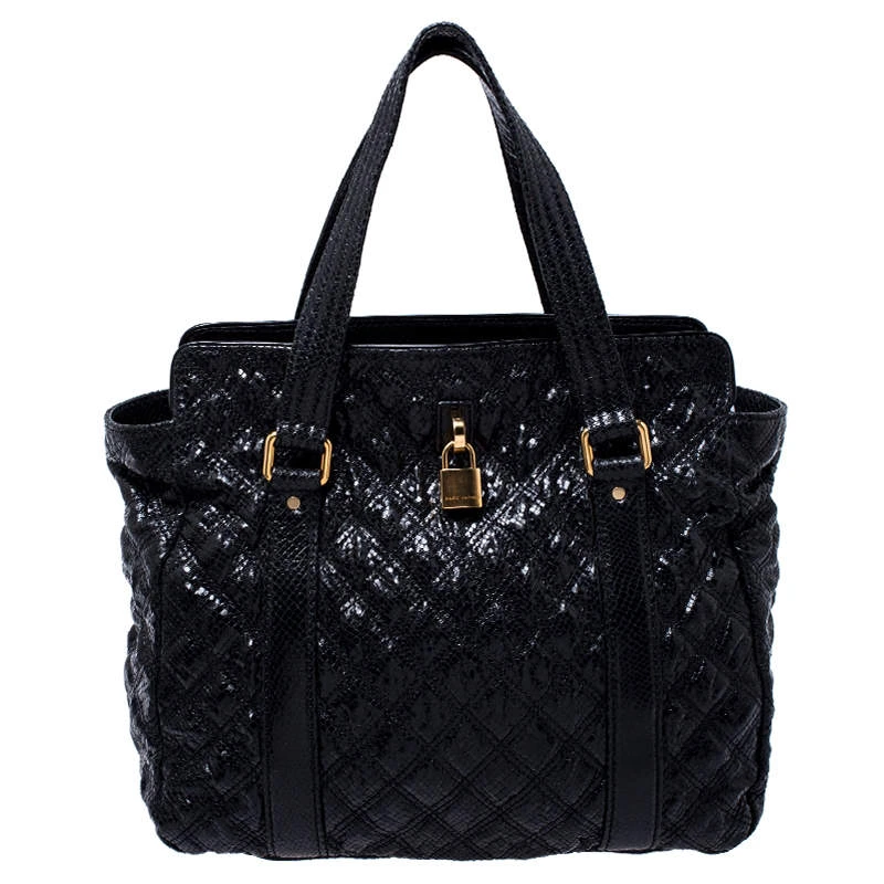 Marc Jacobs Black Quilted Snakeskin Embossed Coated Canvas Tote For Women 1 Marc Jacobs Black Quilted Snakeskin Embossed Coated Canvas Tote For Women