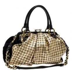 Marc Jacobs Black/Gold Houndstooth Print Leather And Fur Little Stam Shoulder Bag For Women -Cheap Marc Jacobs Store luxury women marc jacobs used handbags p251500 004