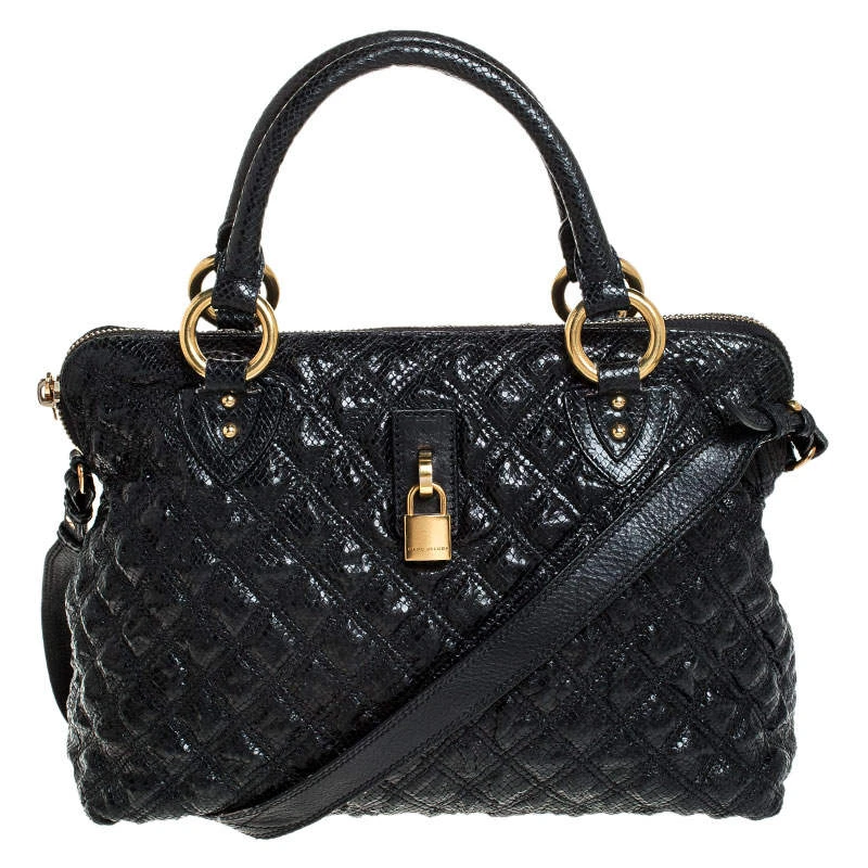 Marc Jacobs Black Quilted Snake Skin Embossed Leather Tote For Women 1 Marc Jacobs Black Quilted Snake Skin Embossed Leather Tote For Women