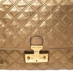 Marc Jacobs Metallic Gold Quilted Leather Flap Shoulder Bag For Women -Cheap Marc Jacobs Store luxury women marc jacobs used handbags p256298 006