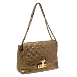 Marc Jacobs Metallic Gold Quilted Leather Flap Shoulder Bag For Women -Cheap Marc Jacobs Store luxury women marc jacobs used handbags p256298 007