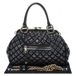 Marc Jacobs Black Crystal Embellished Quilted Leather Stam Satchel For Women -Cheap Marc Jacobs Store luxury women marc jacobs used handbags p262691 004