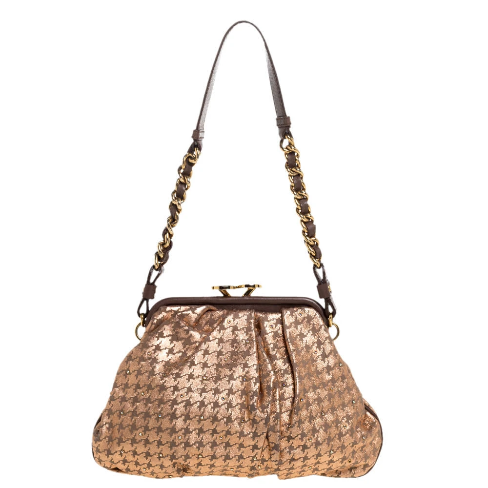 Marc Jacobs Taupe/Rose Gold Printed Leather Little Stam Crystal Embellished Shoulder Bag For Women 1 Marc Jacobs Taupe/Rose Gold Printed Leather Little Stam Crystal Embellished Shoulder Bag For Women