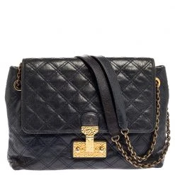 Marc Jacobs Navy Blue Quilted Leather Pushlock Flap Shoulder Bag For Women