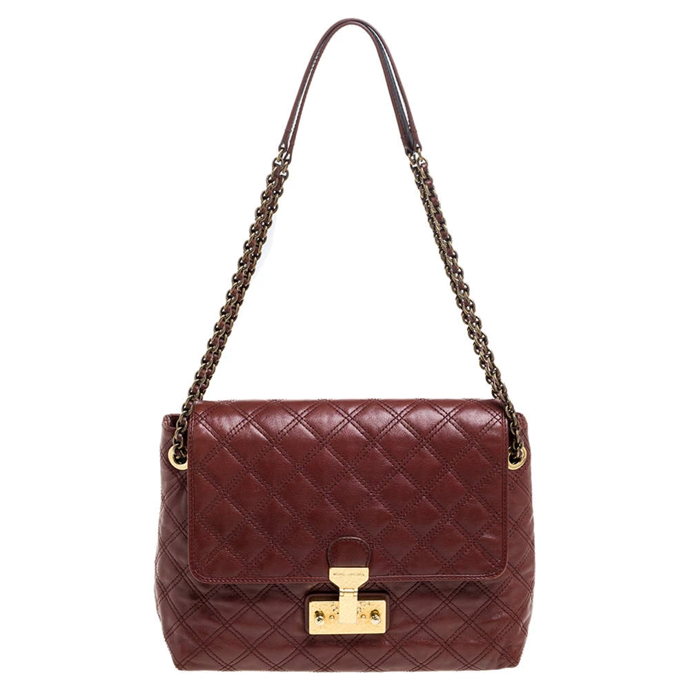 Marc Jacobs Maroon Quilted Leather Large Baroque Single Shoulder Bag For Women 1 Marc Jacobs Maroon Quilted Leather Large Baroque Single Shoulder Bag For Women