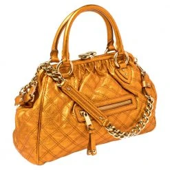 Marc Jacobs Metallic Orange Quilted Leather Stam Satchel For Women -Cheap Marc Jacobs Store luxury women marc jacobs used handbags p386895 007