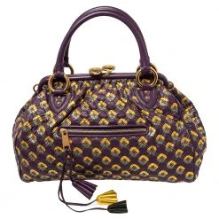 Marc Jacobs Purple/Gold Quilted Print Leather Stam Satchel For Women