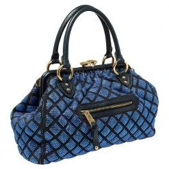 Marc Jacobs Blue Crystal Embellished Quilted Suede And Leather Stam Satchel For Women -Cheap Marc Jacobs Store luxury women marc jacobs used handbags p396520 013