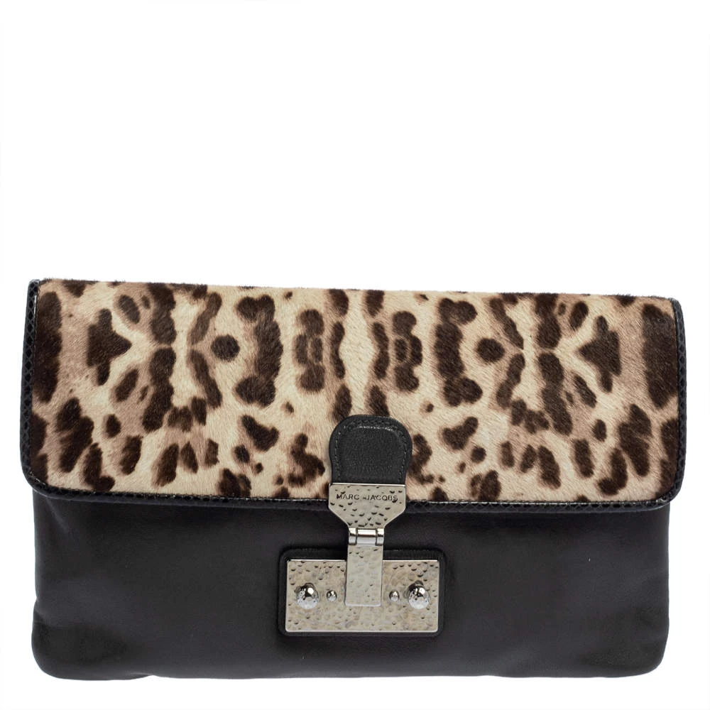 Marc Jacobs Grey/Brown Leopard Print Calfhair And Leather Safari Vip Clutch For Women 1 Marc Jacobs Grey/Brown Leopard Print Calfhair And Leather Safari Vip Clutch For Women