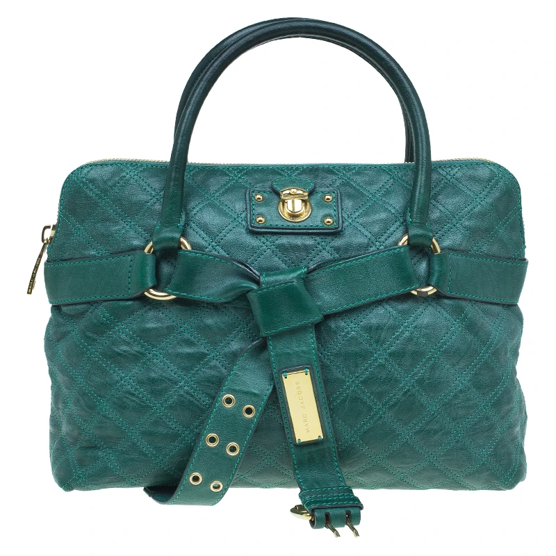 Marc Jacobs Green Quilted Leather Bruna Belted Tote For Women 1 Marc Jacobs Green Quilted Leather Bruna Belted Tote For Women