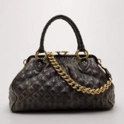 Marc Jacobs Dark Grey Quilted Stam With Ostrich Trim For Women -Cheap Marc Jacobs Store luxury women marc jacobs used handbags p62832 0004