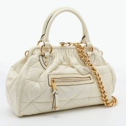 Marc Jacobs Cream Quilted Leather Stam Satchel For Women -Cheap Marc Jacobs Store luxury women marc jacobs used handbags p654361 006
