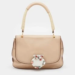 Marc Jacobs Beige Leather Crystal Embellished Flap Top Handle Bag For Women