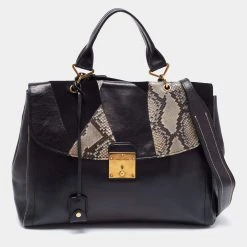 Marc Jacobs Black Suede, Python Effect And Leather Flap Top Handle Bag For Women