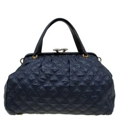 Marc Jacobs Dark Blue Quilted Coated Canvas Stam Satchel For Women -Cheap Marc Jacobs Store luxury women marc jacobs used handbags p76893 0004