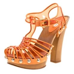 Marc Jacobs Orange PVC And Leather T-Strap Clog Sandals Size 35 For Women