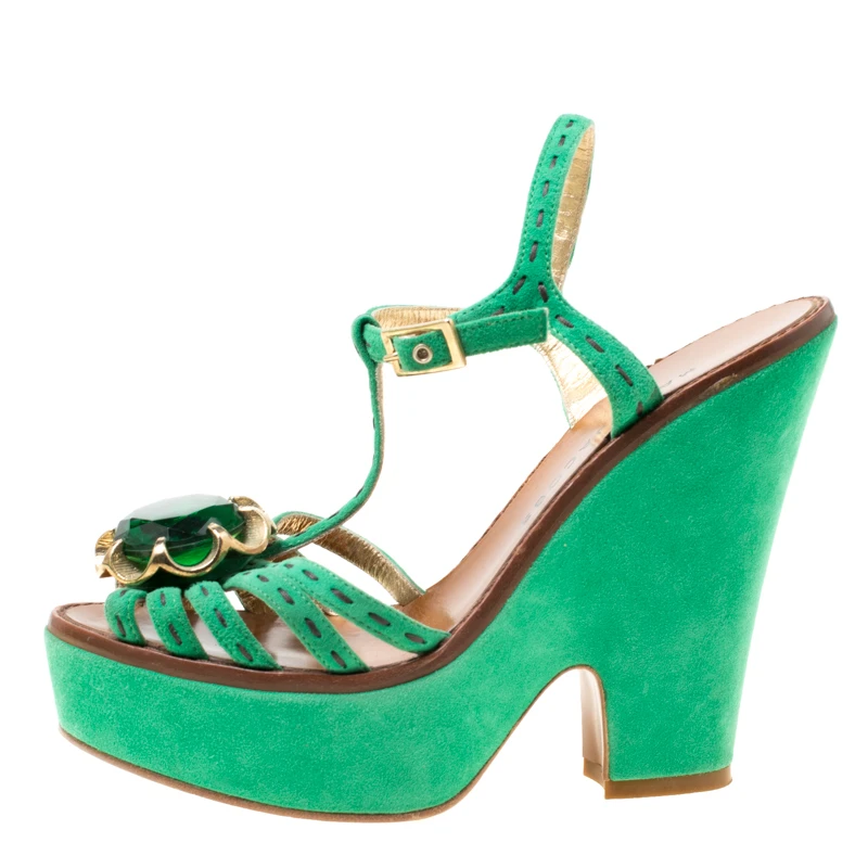 Marc Jacobs Green Suede Crystal Flower Embellished Ankle Strap Platform Sandals Size 36 For Women 2 Marc Jacobs Green Suede Crystal Flower Embellished Ankle Strap Platform Sandals Size 36 For Women - Image 2