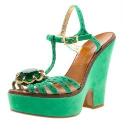 Marc Jacobs Green Suede Crystal Flower Embellished Ankle Strap Platform Sandals Size 36 For Women