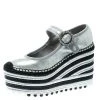 Marc Jacobs Metallic Silver Leather Suzi Crystal Embellished Brooch Mary Jane Espadrille Platforms Size 36 For Women