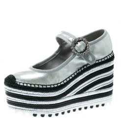 Marc Jacobs Metallic Silver Leather Suzi Crystal Embellished Brooch Mary Jane Espadrille Platforms Size 36 For Women