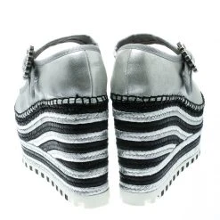Marc Jacobs Metallic Silver Leather Suzi Crystal Embellished Brooch Mary Jane Espadrille Platforms Size 36 For Women -Cheap Marc Jacobs Store luxury women marc jacobs used shoes p176452 005