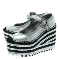 Marc Jacobs Metallic Silver Leather Suzi Crystal Embellished Brooch Mary Jane Espadrille Platforms Size 36 For Women -Cheap Marc Jacobs Store luxury women marc jacobs used shoes p176452 007