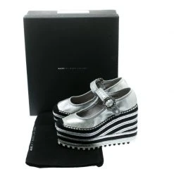 Marc Jacobs Metallic Silver Leather Suzi Crystal Embellished Brooch Mary Jane Espadrille Platforms Size 36 For Women -Cheap Marc Jacobs Store luxury women marc jacobs used shoes p176452 008