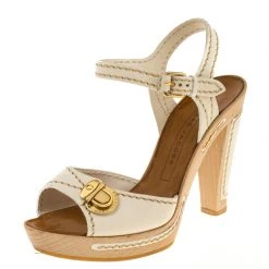 Marc Jacobs White Leather Buckle Detail Ankle Strap Wooden Platform Sandals Size 37 For Women