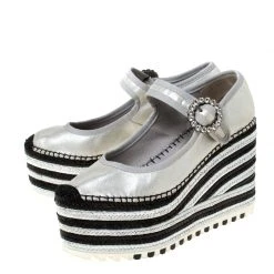 Marc Jacobs Metallic Silver Crystal Embellished Leather Suzi Mary Jane Espadrille Platforms Size 38 For Women -Cheap Marc Jacobs Store luxury women marc jacobs used shoes p225458 008