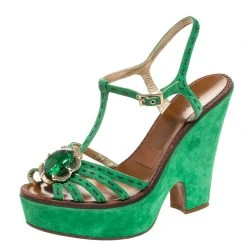 Marc Jacobs Green Suede Crystal Flower Embellished Ankle Strap Platform Sandals Size 39 For Women