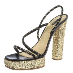 Marc Jacobs Black/Gold Leather And Glitter Fabric Slingback Platform Sandals Size 40 For Women
