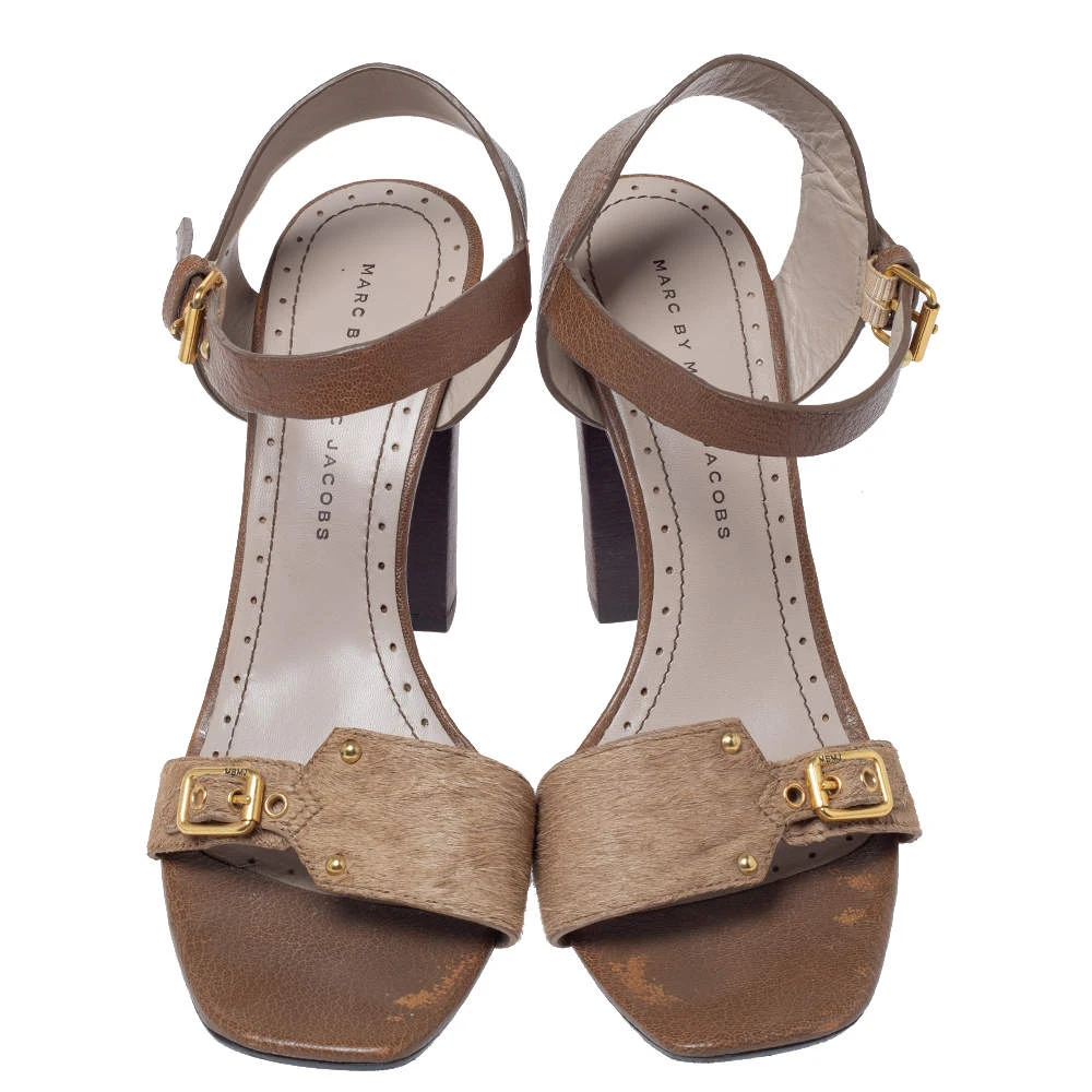 Marc Jacobs Brown Pony Hair And Leather Ankle Strap Sandals Size 39.5 For Women 3 Marc Jacobs Brown Pony Hair And Leather Ankle Strap Sandals Size 39.5 For Women - Image 3
