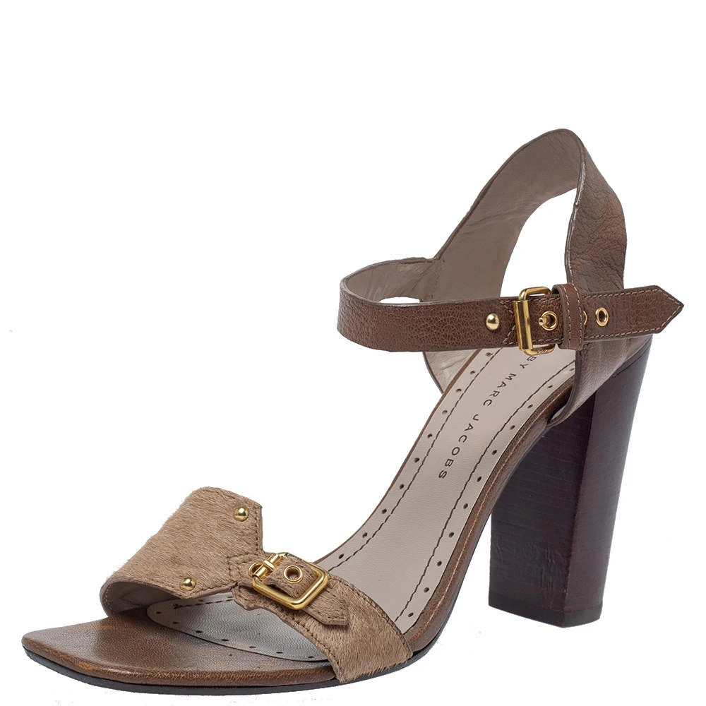 Marc Jacobs Brown Pony Hair And Leather Ankle Strap Sandals Size 39.5 For Women 1 Marc Jacobs Brown Pony Hair And Leather Ankle Strap Sandals Size 39.5 For Women