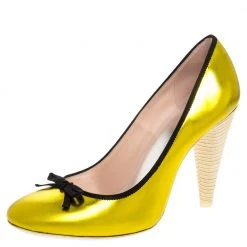 Marc Jacobs Metallic Green Leather Bow Cone Heel Pumps Size 38 For Women