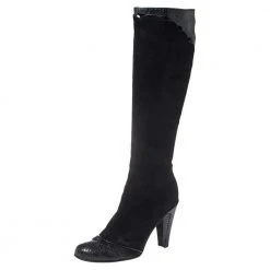 Marc Jacobs Black Python Embossed Leather And Suede Knee High Boots Size 39.5 For Women