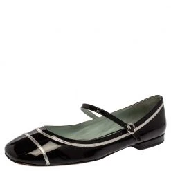 Marc Jacobs Black/ Silver Patent Leather Poppy Mary Jane Ballerina Flat Size 39.5 For Women